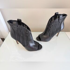 Women's Black Peep-Toe Woven Leather Ankle Booties NWOT